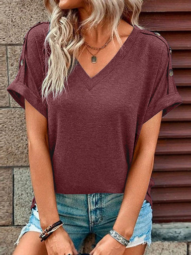 Women's T-shirt buttoned, elegant loose casual short sleeve, V-neck