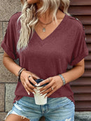 Women's T-shirt buttoned, elegant loose casual short sleeve, V-neck