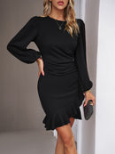 Mini dress  bodycon ruched, long Puff Sleeve, elegant Knit Ribbed