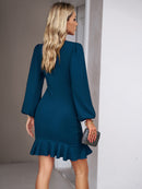 Mini dress  bodycon ruched, long Puff Sleeve, elegant Knit Ribbed