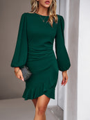 Mini dress  bodycon ruched, long Puff Sleeve, elegant Knit Ribbed