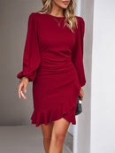 Mini dress  bodycon ruched, long Puff Sleeve, elegant Knit Ribbed