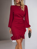 Mini dress  bodycon ruched, long Puff Sleeve, elegant Knit Ribbed