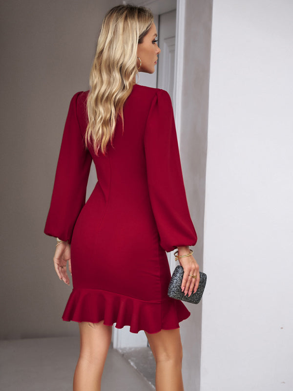 Mini dress  bodycon ruched, long Puff Sleeve, elegant Knit Ribbed