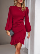 Mini dress  bodycon ruched, long Puff Sleeve, elegant Knit Ribbed