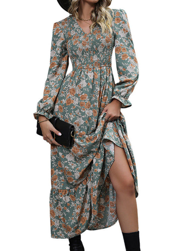 Women's dress elegant maxi flared, puff sleeve, printed, summer