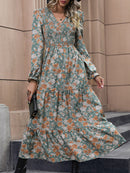 Women's dress elegant maxi flared, puff sleeve, printed, summer