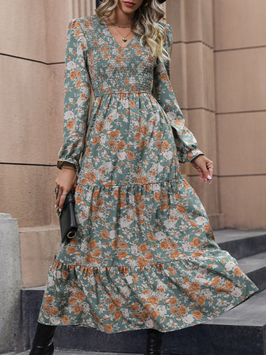 Women's dress elegant maxi flared, puff sleeve, printed, summer