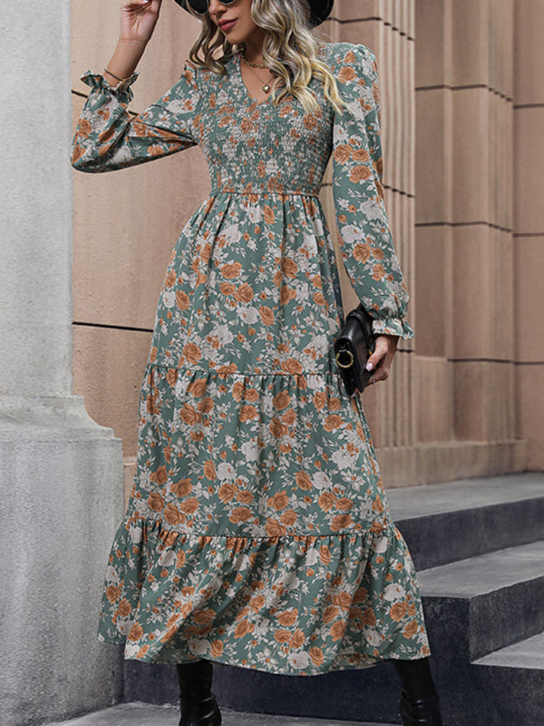 Women's dress elegant maxi flared, puff sleeve, printed, summer
