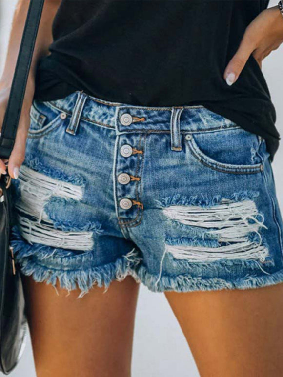 Women's shorts denim ripped, American flag print high waist pockets