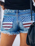Women's shorts denim ripped, American flag print high waist pockets