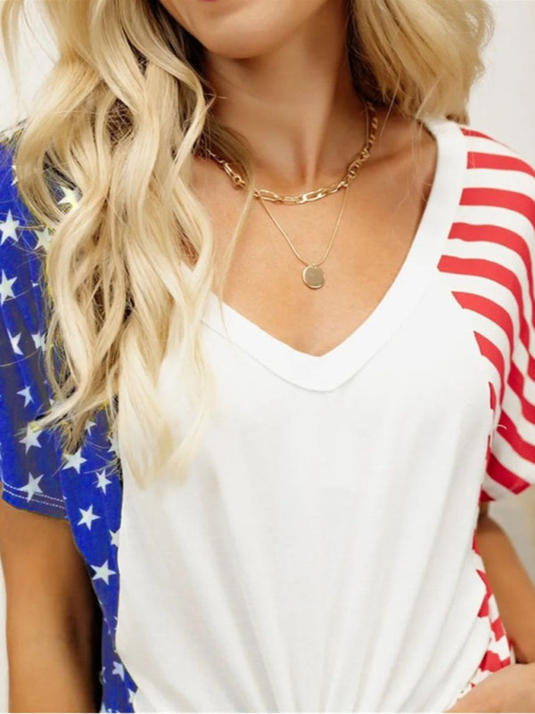 Women's T-shirt US stars and stripes, V neck, short sleeve, elegant, summer