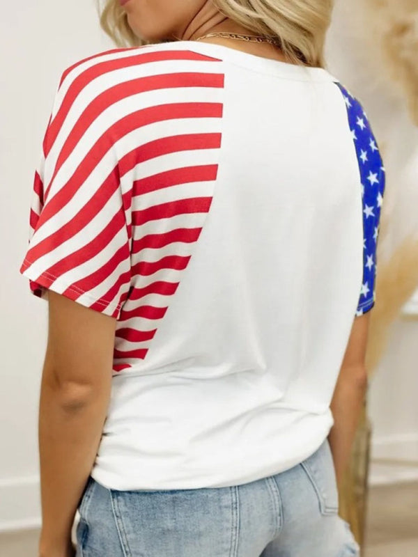Women's T-shirt US stars and stripes, V neck, short sleeve, elegant, summer